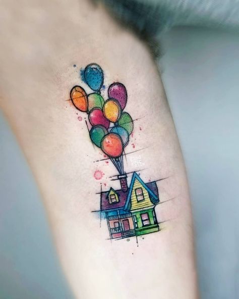 Russell Van Schaick on Instagram: “One of my favorites :) . . . #UP #uphouse #uphousetattoo #disneytattoo #disneyart #watercolordisneytattoo #watercolor #watercolortattoo…” Disney Watercolor Tattoo, Disney Inspired Tattoos, Disney Sleeve Tattoos, Disney Tattoo Ideas, World Famous Tattoo Ink, Tattoo Disney, Disney Sleeve, Movie Tattoo, Movie Tattoos