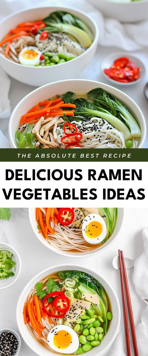 Image for Delicious Ramen Vegetables Ideas Ramen With Vegetables, Toppings For Ramen, Ramen Packet Recipes, Ramen Vegetables, Cheap Ramen Recipes, Veggie Ramen, Vegetables Ideas, Vegetable Ramen, Healthy Ramen