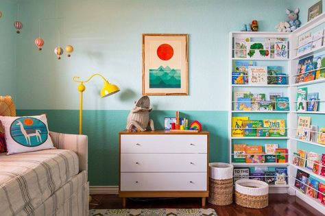 Image via Susie Herr Design Eclectic Nursery, Floor To Ceiling Bookshelves, Two Tone Walls, House Of Turquoise, Kids Bedroom Designs, Nursery Modern, Kids Bedroom Design, Nursery Colors, Kids Interior