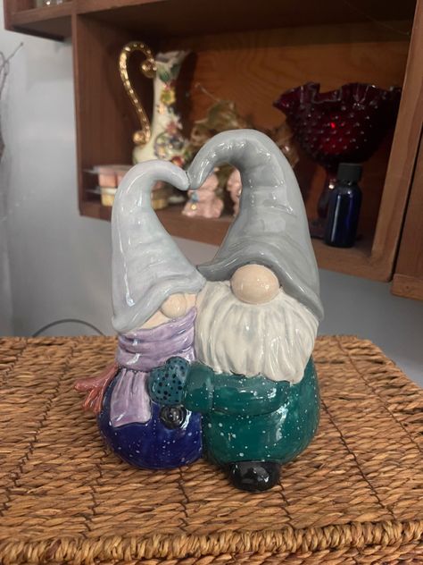 Hand painted by Andie Crittenden Painting Gnomes, Paint Your Own Pottery Ideas, Ceramic Gnomes, Ceramic Christmas Decorations, Paint Your Own Pottery, Ceramic Inspiration, Ceramic Figures, Diy Pottery, Ceramic Christmas