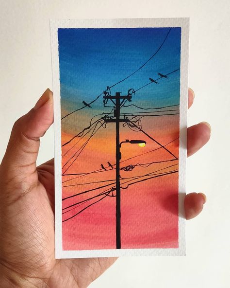 Gouache colors on a mini watercolor sheet Cute Mini Watercolor Paintings, Gouache Mini Painting, Mini Nature Paintings, Mini Paintings Watercolor, Mini Watercolor Painting, Gouache Sky, Mini Watercolor Paintings, Sunset Watercolor Painting, Sunset Canvas Painting