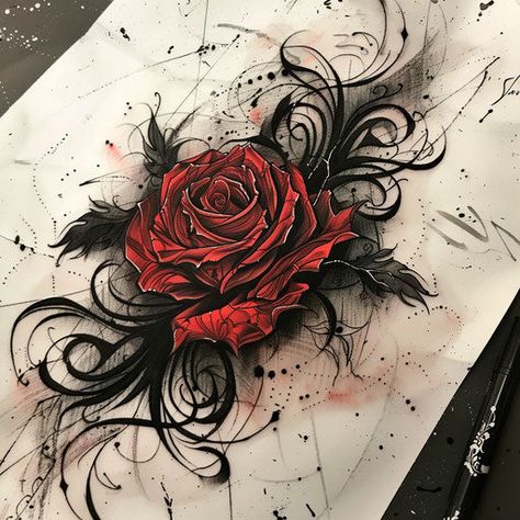 Red Rose Tattoo Artistry Set Cover Up Tattoos Hip For Women, Tattoos That Go With Roses, Alice In Wonderland Rose Tattoo, Steampunk Flower Tattoo, Peach Rose Tattoo, Black And Red Rose Tattoo, Tattoo Rose Designs, Red Roses Tattoo, Rose Neck Tattoo