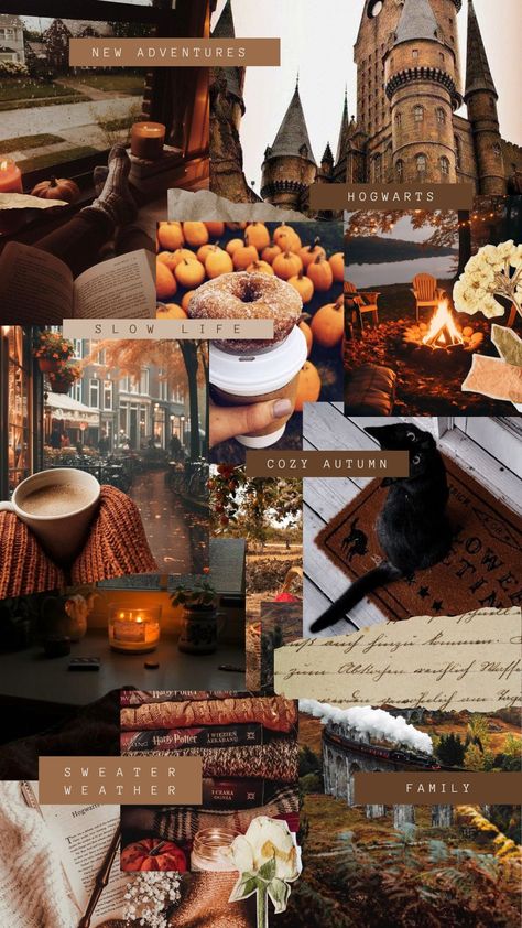 Cozy Fall Hogwarts October Aesthetic Collage, Aestethic Fall Wallpaper, Cozy Fall Backgrounds Iphone, Halloween And Fall Aesthetic, Brown Fall Wallpaper Aesthetic, Hogwarts Fall Aesthetic, Autumn Wallpaper Iphone Cozy, Autumn Cozy Wallpaper, Fall Vibes Cozy Wallpaper