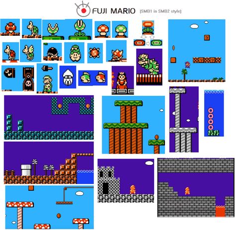 "FUJI Mario"; the original Super Mario Bros characters and scenes redone by a mod in the Super Mario Bros. 2 style. (But not the sound). SMB2 was originally a game commissioned by Fuji TV called "Doki Doki Panic". It was later retconned into SMB2 (and may have started out as an idea for a Mario sequel anyway). I had hoped the characters would be used if Super Mario Maker ever added the SMB2 style, but they instead made it a special mushroom that changes only the Mario sprite, sounds and effects. Mario Maker 2 Ideas, Mario Level Design, Super Mario World Game, Super Mario Bros Movie 1993, Mario Go Kart Japan, Mario Kart Gamecube, Ghost House, Super Mario Bros, Mario Bros