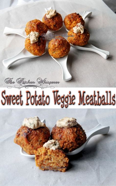 Sweet Potato Veggie Meatballs Sweet Potato Meatballs, Meatballs Vegetarian, Leftover Sweet Potatoes, Savory Sweet Potato Recipes, Veggie Balls, Veggie Meatballs, Gluten Free Meatballs, Vegetarian Meatballs, Baked Meatballs