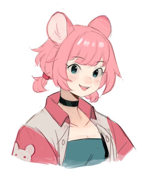 Female Character Short Hair, Female Hair Styles Drawing, Pigtail Hairstyles Drawing, Drawing Pigtails, Pink Hair Character Art, Pink Hair Character Design, Pig Character Design, Pigtails Drawing, Pink Hair Character