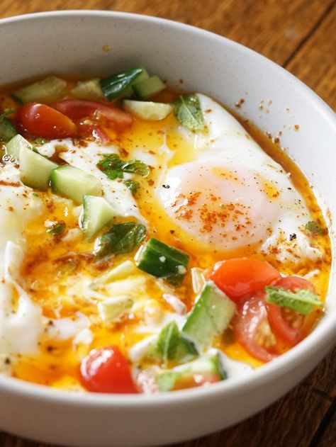 Turkish Eggs with garlic yogurt (Çilbir) | Recipes | Moorlands Eater Turkish Yogurt, Garlic Yogurt, Turkish Eggs, Spiced Butter, Raw Garlic, Homemade Yogurt, Cucumber Tomato, Chopped Tomatoes, Middle Eastern Recipes