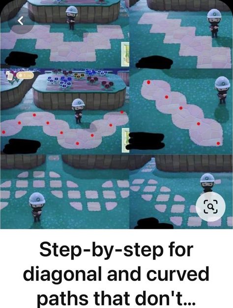 Acnh Path Placement, Round Path Animal Crossing, In Game Path Acnh, Acnh Park Path, Animal Crossing Sunken Path, Diagonal Path Acnh, Animal Crossing Diagonal Path, Acnh Path Ideas, Acnh Diagonal Paths