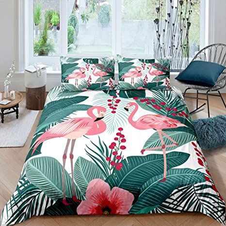 Flamingo Duvet Cover Palm Leaf Bedding Set Full Size For Kids Boys Girls Teens Flower Tropical Botanical Quilt Cover Hawaiian Islands Floral Comforter Cover Stylish Décor With 2 Pillow Cases Botanical Quilt, Tropical Bedding Sets, Leaf Bedding, Girls Comforter Sets, Tropical Bedding, Girl Comforters, Flower Tropical, Floral Comforter, Best Duvet Covers