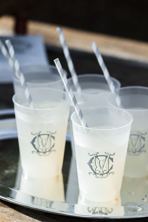 Monogram Cups For Wedding, Wedding Monogram Cups, Coastal Wedding Cocktail Hour, Wedding Monogram Ideas, Custom Plastic Cups, Frosted Wedding Cups, Wedding Plastic Cups, Monogram Cups, Wedding Extras