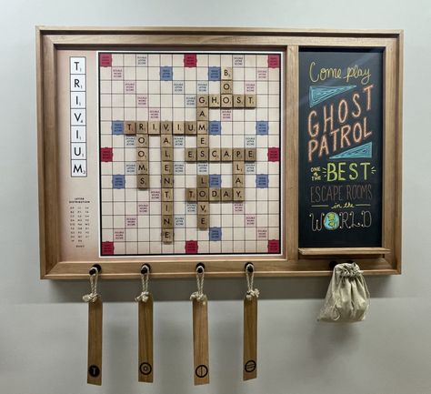 Giant Wall Scrabble, Wall Scrabble Board, Diy Wall Scrabble Game, Giant Scrabble Board Diy, Diy Scrabble Board, Diy Wall Games, Board Game Table Diy, Brewery Games, Giant Scrabble Board