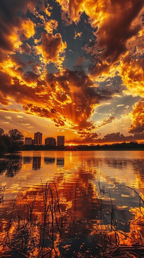 Sunset sky, golden clouds, red and yellow colors, burning cloud patterns over the city of Texas, lake view, real photography, high definition details in the style of real photography. Veronika Core, Landscape Photography Aesthetic, Beautiful Sky Photography, Sunset In City, Beautiful Sky Pictures, Lake Pattern, Sunsets Aesthetic, Golden Clouds, Sunrise Images