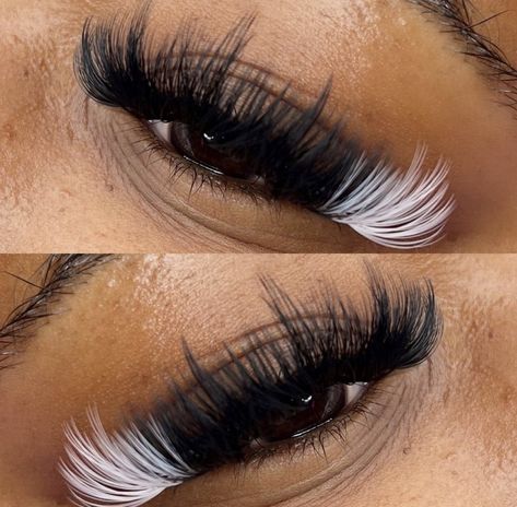 White lashes White And Black Lashes, White Lashes Extensions, Black And White Lash Extensions, Volume Lashes With Color, Black And White Lashes, Lashes With White, White Lash Extensions, Lashes With Color, White Lashes