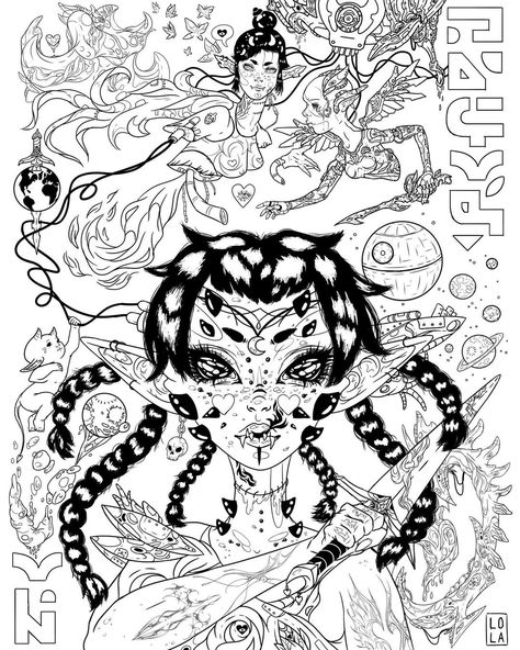 Grimes Artwork Illustrations, Grimes Inspired Tattoo, Drawing Wall Ideas, Grimes Drawing, Grimes Artwork, Grimes Aesthetic, Lineart Illustration, Alien Character, Cool Monsters