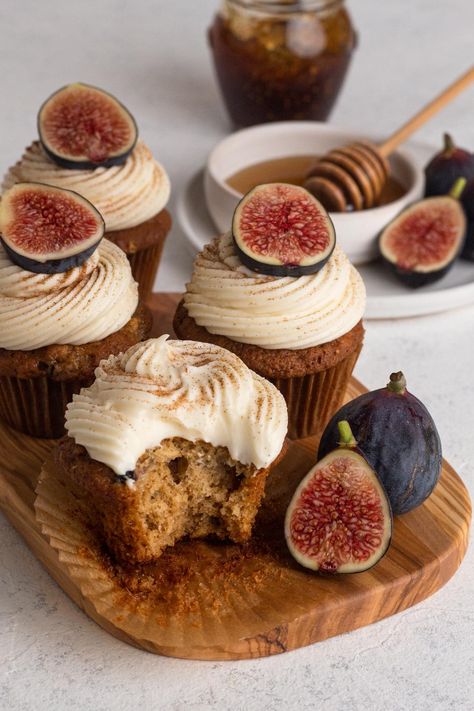 Pumpkins and apples may dominate the autumn season, but don't forget about figs! These fig cupcakes - made with fresh figs, fig jam, olive oil, and brown sugar, all topped off with a swirl of honey cream cheese frosting - are a unique and delicious fall dessert! Honey Fig Cupcakes, Fresh Fig Deserts, Desserts With Fresh Figs, Unique Apple Desserts, Desserts With Figs, Brownie Flavors Ideas, Fig Jam Dessert Recipes, Unique Pumpkin Desserts, Dessert Catering Ideas