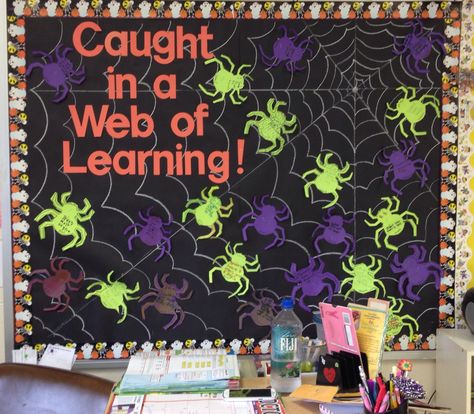 2nd grade Halloween Bulletin Board: "Caught in a Web of Learning" Teacher Halloween Bulletin Boards, Halloween School Bulletin Board Ideas, Cute Halloween Bulletin Boards, Halloween Bulliten Boards, Spider Web Bulletin Board, Spider Bulletin Board Ideas, Spider Bulletin Board, Halloween Bulletin Boards For Elementary, First Grade Halloween Bulletin Board