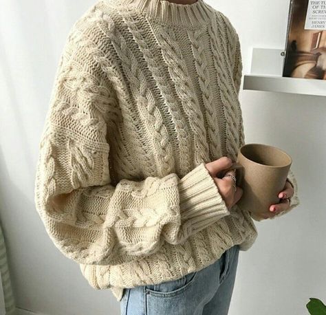 Knitted Oversized Sweater, Cozy Tops, Oversized Knitted Sweaters, Fall Fits, Mein Style, Mode Inspo, 가을 패션, Mode Streetwear, Cable Knit Sweater