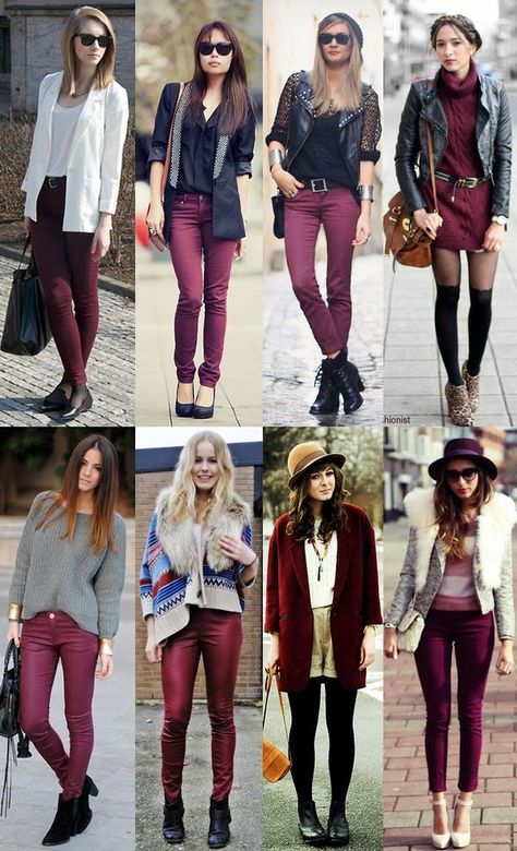 Wine Color Jeans Outfit, Outfits With Maroon Pants, Wine Leggings Outfit, Wine Pants Outfit, Outfit Pantalon Vino, Burgundy Jeans Outfit, Burgundy Pants Outfit, Maroon Pants Outfit, Wine Pants