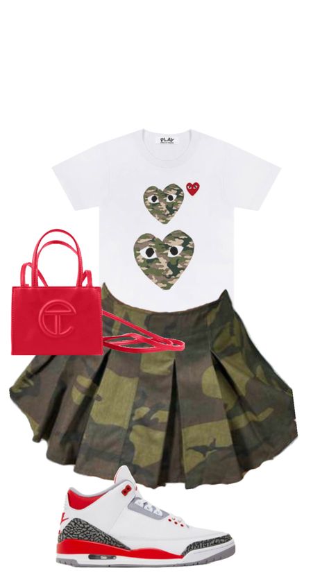 Comme des Garçons PLAY Camouflage Double Heart T-Shirt $142...       red telfar$150    Fire red retro 3 air Jordan’s $249 Fire Red Jordan 3 Outfit, Red Jordan 3 Outfit, Red Jordan 3, Jordan 3 Red, Jordan 3 Outfit, Red Jordans, Retro 3, Fly Outfit, Red Retro