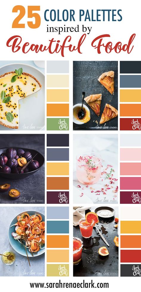 Get inspired by these beautiful color palettes - all inspired by photos of food! Find inspiration or the perfect color combination for your next project. Click to see all 25 color palettes inspired by beautiful food (photos by Rachel Korinek) - Find more colors at https://sarahrenaeclark.com #colorpalette #colorpalettes #color #colorscheme #colorschemes #colorful Colors For Restaurants, Food Photography Color Palette, Food Color Combinations, Appetizing Color Palette, Cooking Color Palette, Fresh Food Color Palette, Food Color Scheme, Cookbook Color Palette, Food Blog Color Palette