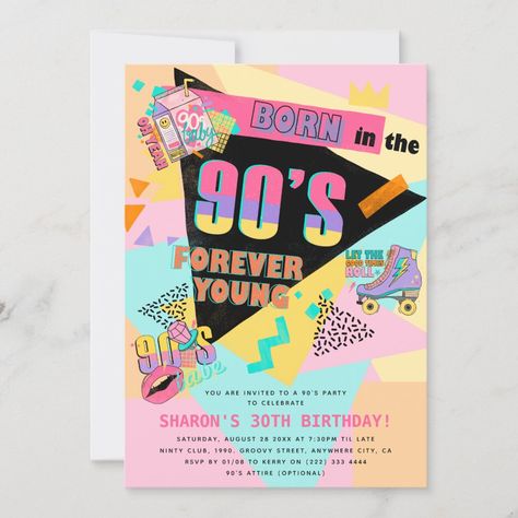 Funky Invitation Design, 90s Birthday Party, 90s Birthday, 30th Birthday Themes, 90's Birthday Party, Modern Birthday, Adult Birthday Invitations, Retro Birthday, Retro Images