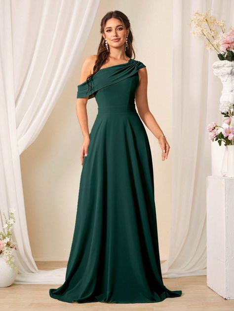 Vestido de dama de honor largo hasta el suelo, con cintura anudada y hombro descubierto de unicolor Verde Oscuro   sin mangas Tela tricotada Liso A línea No-Elástico  Weddings & Events, size features are:Bust: ,Length: ,Sleeve Length: A Line Green Dress, Bridesmaid Dresses Bottle Green, Short Green Bridesmaid Dresses, Green And Gold Bridesmaid Dresses, Gold Maid Of Honor Dress, Bridesmaid Dresses Emerald Green, Dark Green Dresses, Green Bridesmaids Dress, Dark Green Bridesmaid Dresses