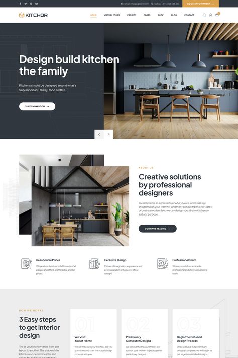 Kitchor is a stylish and professional WordPress theme designed for interior design and architecture businesses. With its clean and modern design, this theme is fully responsive and mobile-friendly. The theme includes advanced features such as project presentation, team member presentation, and custom page templates, allowing customers to easily learn more about your company and services. Interior Website Design Inspiration, Website Design Construction, Kitchen Website Design, How It Works Web Design, Our Services Page Design, Interior Design Website Inspiration, Home Page Design Website, Property Website Design, Easy Website Design