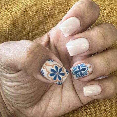 Mexican tile art inspired nails came out beautiful! I used @esvy rubber base in color bare it all and it’s perfection. DM me to get your… | Instagram Mexican Tile Nail Art, Mexican Tile Nails, Art Inspired Nails, Mexican Tile Art, Inspired Nails, Mexican Tile, I Love Nails, Tile Art, Dm Me