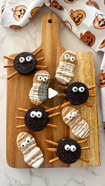 Jacqueline Vignona | Easy & Delicious Recipes on Instagram: "COOKIE MONSTERS PART 3 🕷️

These spooky spiders & mummies are so easy to make & make the cutest Halloween treat! Details below!

To make the spider Oreos simply add pretzel sticks to the inside of the order (I could only fit six legs, but if you can place 8 sticks inside to make the legs). Then place chocolate or frosting on the cooking to “glue” the sugar eyes on!

To make the mummies add sugar eyes to a nutter butter cookie & drizzle with melt white chocolate. Let it dry & enjoy!

Follow for more easy & delicious recipes!

#halloweencookies #spookyfood #spookyszn #spookycookies #halloweenfood #halloweenpartyideas" Mummy Nutter Butter Cookies, Spider Oreos, Oreo Spider Cookies, Oreo Spiders, Spooky Scary Skeletons, Andrew Gold, Cute Halloween Treats, Spider Cookies, Spooky Food