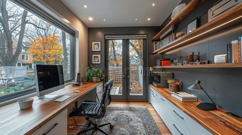 Functional Home Office With Desk and Large Window royalty free stock image Office With Large Windows, Office Sunroom, Functional Home Office, Window Desk, Window Photo, Office Ceiling, Long Room, Long Desk, Vector Poster