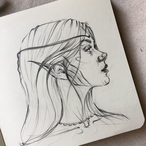 Fantasy Artist Drawing, Elizemeh Sketch, Fantasy Aesthetic Drawing, Elf Sketch Female, Elf Drawings Female, Elf Art Sketch, Fantasy Sketches Pencil, Elizeme Sketch, Drawing Fantasy Art Sketches