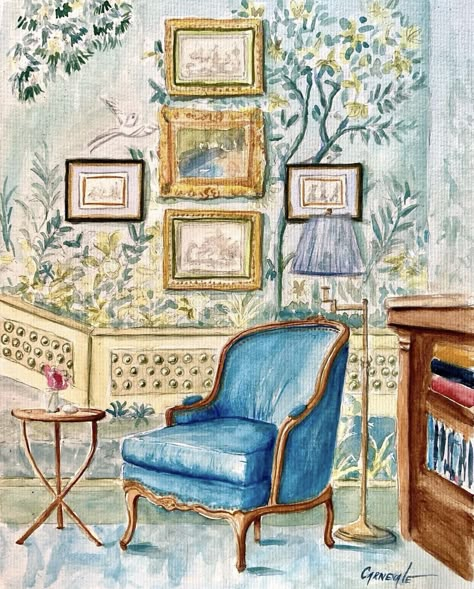 San Francisco Bedroom, Watercolor Furniture, Gracie Studio, Picture Decorations, Paintings Interior Design, Watercolor Interior, Paris Background, Art Interior Paintings, Coastal Grandma Aesthetic