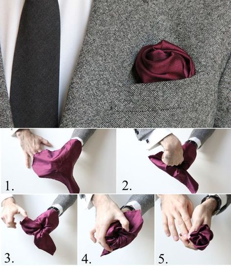 How To Fold a Pocket Square: The Flower Fold How To Tie A Necktie, Tie A Bow Tie, Simpul Dasi, Pocket Square Folds, Tie A Necktie, Pocket Square Styles, Neck Tie Knots, Mode Tips, How To Fold