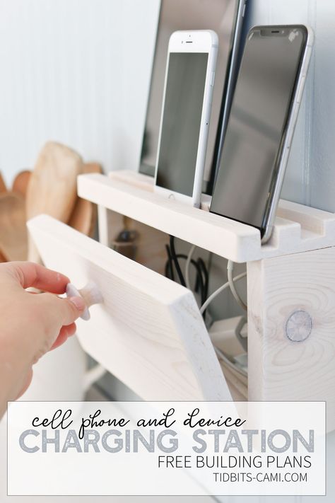 Give your cell phones and devices the perfect place to recharge in style! Build this DIY device charging station (or docking station) to hide cords, free up precious countertop space, and designate a place for the whole family to store their devices when not in use. #charging #device #chargingstation #dockingstation #cellphone #chargephone #camitidbits #kreg #kregtools Charge Station Ideas, Family Charging Station Ideas, Family Charging Station, Tablet Charging Station, Device Charging Station, Cell Phone Charging Station, Phone Charger Station, Phone Charging Station, Hide Cords