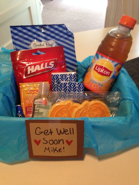 Get well soon basket for my boyfriend ❤️ easy to do and a sweet gesture !!! Other things that can be added in are soup, honey and lemon! I have tea, cough drops, cookies, hand sanitizer, Emergen-C, hard candies, Chapstick, and tissues! Get Well Soon Gift Ideas For Girlfriend, Get Better Soon Basket For Boyfriend, Get Well Soon Gift Ideas For Boyfriend, Get Well Soon Basket For Boyfriend, Get Well Soon Basket For Men, Get Better Basket For Boyfriend, Get Better Soon Basket, Sick Basket For Boyfriend, Feel Better Basket For Him