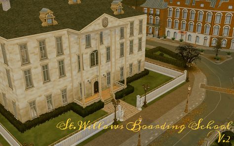 Southern Simlish — St. Willows Boarding School (V2) Home to the... Sims 4 Boarding School Mod, Sims 4 Private School, Sims 4 Boarding School, Bloxburg Boarding School, Sims Victorian, Sims 4 School, Bloxburg School, Mansion Plans, Private High School