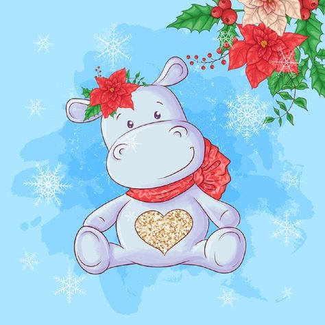 Baby Hippo Christmas Card Fabric Panel - Blue - ineedfabric.com Hippo Christmas, Cartoon Hippo, Cute Hippo, Easy Canvas Painting, Fabric Panel, Digital Print Fabric, Featured Art, Free Vector Art, Fabric Panels