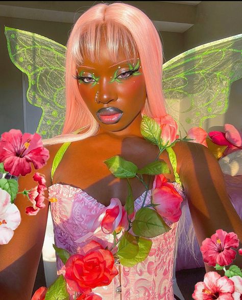 Black Women Fairy Costume, Colourful Halloween Costumes, Fairy Halloween Costumes Black Women, Baddie Fairy Costume, Pink Fairy Hair, Rose Fairy Costume, Fae Outfit Aesthetic, Green And Pink Outfits For Women, Fairy Costume Black Women