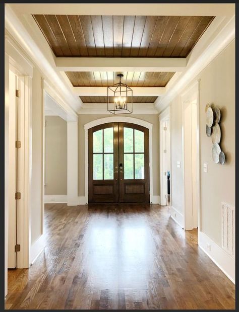 Entry Ceiling Ideas, Foyer Ceiling Ideas, Entryway Update, House Color Schemes Interior, Foyer Ceiling, Transitional Entry, Ceiling Remodel, Exposed Beams Ceiling, Ideas Entryway