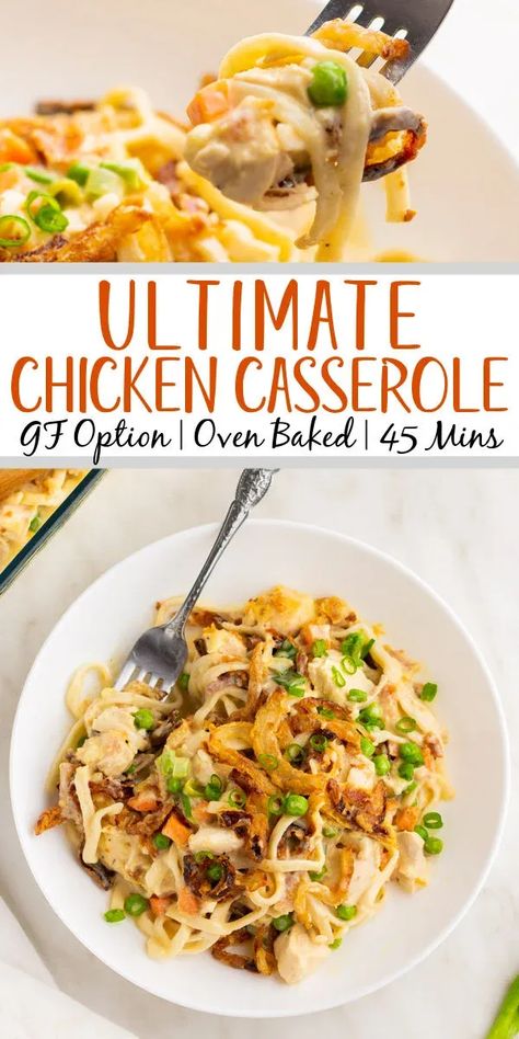 The ultimate chicken casserole says it all in the name. This hearty meal can be made gluten free and has a cook time of only 35 minutes. It's a simple casserole that is easy to customize to suit your taste and is perfect for both a weeknight dinner and meal prep. #casserole #chickencasserole #easydinnerrecipes #30minutemeals #glutenfreerecipes #chickendinner Gluten Free Chicken Casserole Recipes, Meal Prep Casserole, Gluten Free Chicken Casserole, Ultimate Chicken Casserole, Healthy Grains Recipes, Healthy Chicken Casserole, Chicken Pasta Casserole, Keto Chicken Casserole, Pecan Chicken