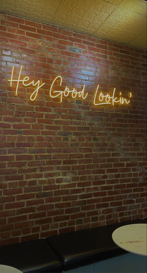 Brick Wall Neon Sign, Neon Sign On Brick Wall, Brick Wall Bar, Exposed Brick Wall Decor, Brick Aesthetic, Basement Restaurant, Brick Wall Interior Design, Brick Bar, Restaurant Neon Sign