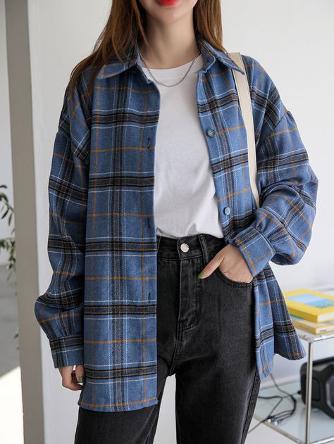 Multicolor Casual  Long Sleeve Polyester Plaid Shirt  Non-Stretch Spring/Fall Women Tops, Blouses & Tee Blue Plaid Shirt Outfit Women, Blue Check Shirt Outfit Women, Plaid Blouse Outfit, Check Shirt Outfit Women, Checkered Shirt Outfit, Checked Shirt Outfit, Drop Shoulder Blouse, Dark Blue Plaid, Stylish Blouses