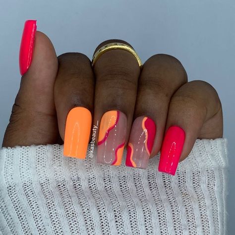 Neon Nails Square, Summer Nails Ballerina, Neon Orange Nail Designs, Festival Nails Summer, Festival Nail Ideas, Summer Nails Colorful, Maroon Nail, Strawberry Sangria, Swirl Nail