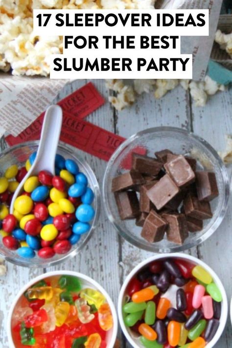 Need ideas for the best sleepover party ever? These tips range from slumber party snacks, games, DIY decorations, and a fun idea for a movie night theme! Sleepover Dessert Ideas, Sleepover Snack Bar, Slumber Party Snacks, Cousin Sleepover, Big Sleepover, Epic Sleepover, The Best Sleepover, Kid Friendly Movies, Diy Movie Night