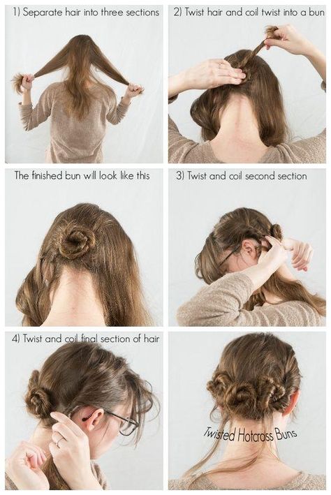 Cross Twist Buns Three small cross twisted mini buns Separate hair into three sections, pin three small buns, twist hair from front side of head and twist around buns. Hairstyles Tutorial, Wedding Hairstyles Tutorial, Hair Bun Tutorial, Never Fully Dressed, Twist Hair, Hair Advice, Hairstyle Tutorial, Hair Videos Tutorials, Hair Tutorials