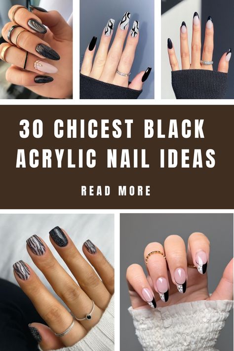 30 CHICEST BLACK ACRYLIC NAIL IDEAS Edgy Nail Ideas, Classy Black Nails, White Almond Nails, Black French Nails, Black Almond Nails, Acrylic Nail Ideas, Black Manicure, White Tip Nails, Sophisticated Lady