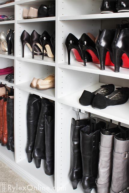 Dressing Room | Sophisticated Master Closet | New Paltz, NY How To Store Boots, Boot Closet, Boots Storage Ideas, Boot Storage Closet, Closet Makeover Bedroom, Boot Organization, Master Closet Design, Boot Storage, Closet Design Layout