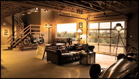 living room garage with leather furniture Officine In Garage, Plan Garage, Man Garage, Garage Loft, Garage Renovation, Cool Garages, Garage Remodel, Motorcycle Garage, Man Cave Home Bar