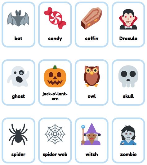 Free printable US English Halloween Flashcards. Full set Flashcards on website #teachenglish #learnenglish #studyenglish #ESL Halloween Flashcards Free Printable, Halloween Flashcards, English Flashcards, Free Printable Halloween, Learn Vocabulary, Esl Games, Speech Ideas, Picture Dictionary, Emoji Pictures