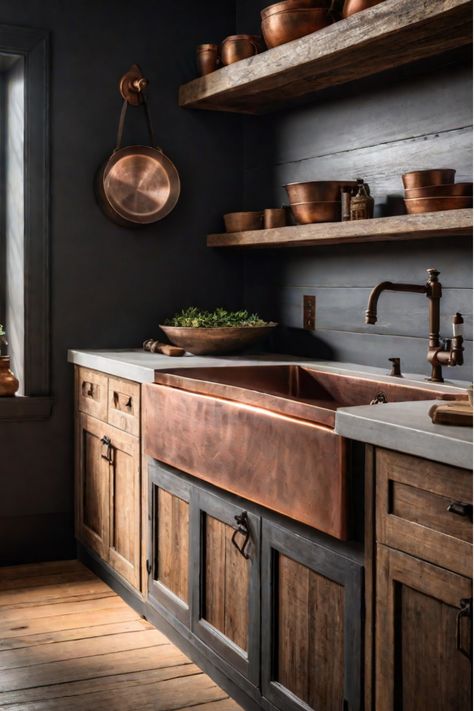 Warm and inviting rustic kitchen with wooden cabinets Mountain Cabin Kitchen Rustic, Cabin Kitchen Colors, Rustic Black Kitchen Cabinets, Rustic Wood Kitchen Cabinets, Cabin Cabinets, Cabin Kitchens Rustic, Nerdy House, Kitchen With Dark Wood Cabinets, Cozy Cabin Kitchen